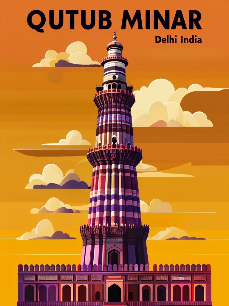 Vibrant Qutub Minar Digital Illustration of Delhi's Iconic Monument Poster