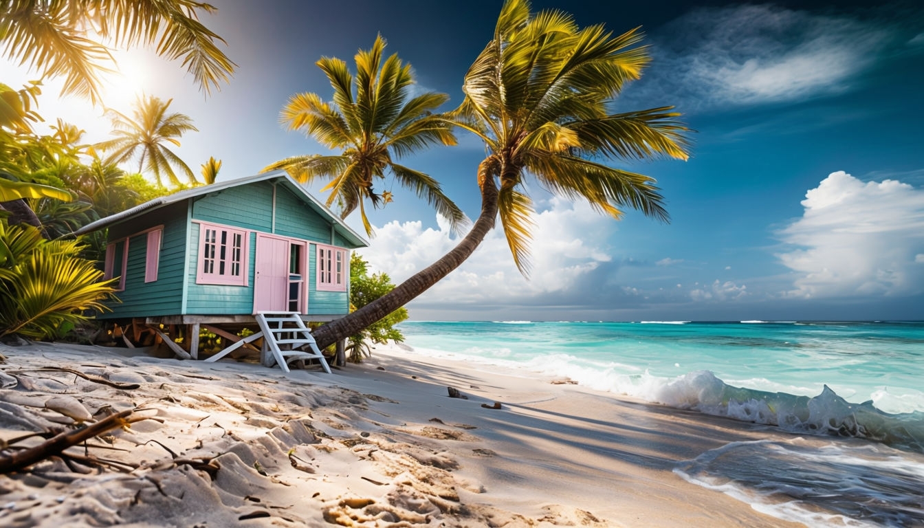 Tropical Beach Cabin Scene with Palm Trees Art