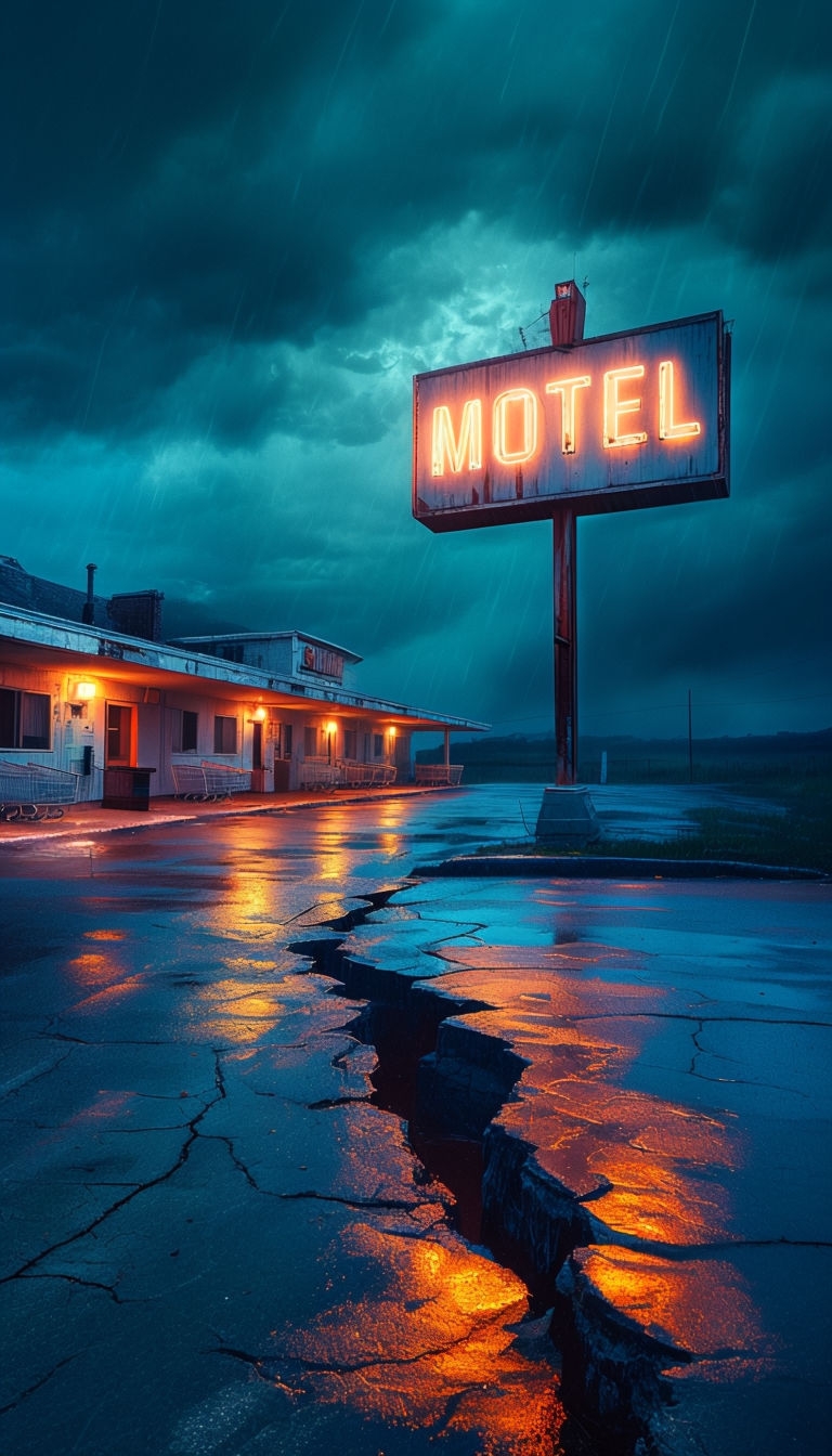 Haunting Vintage Motel Neon Sign Reflected in Rainy Night Mobile Wallpaper