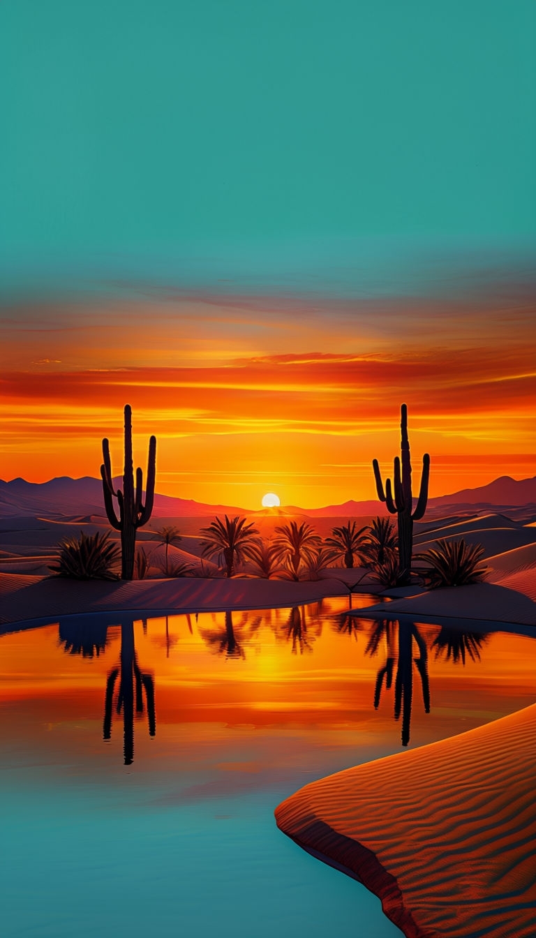 Stunning Desert Oasis at Sunset with Cacti and Palms Mobile Wallpaper