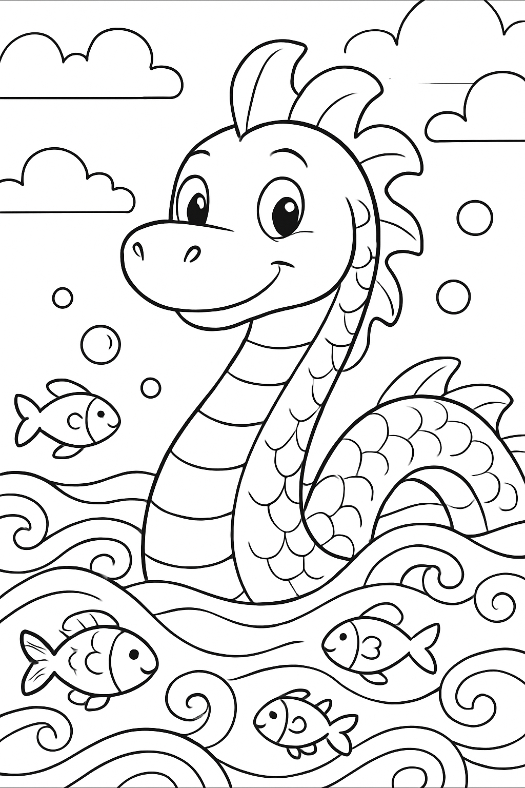 Cheerful Cartoon Dinosaur and Fish Scene Coloring Page