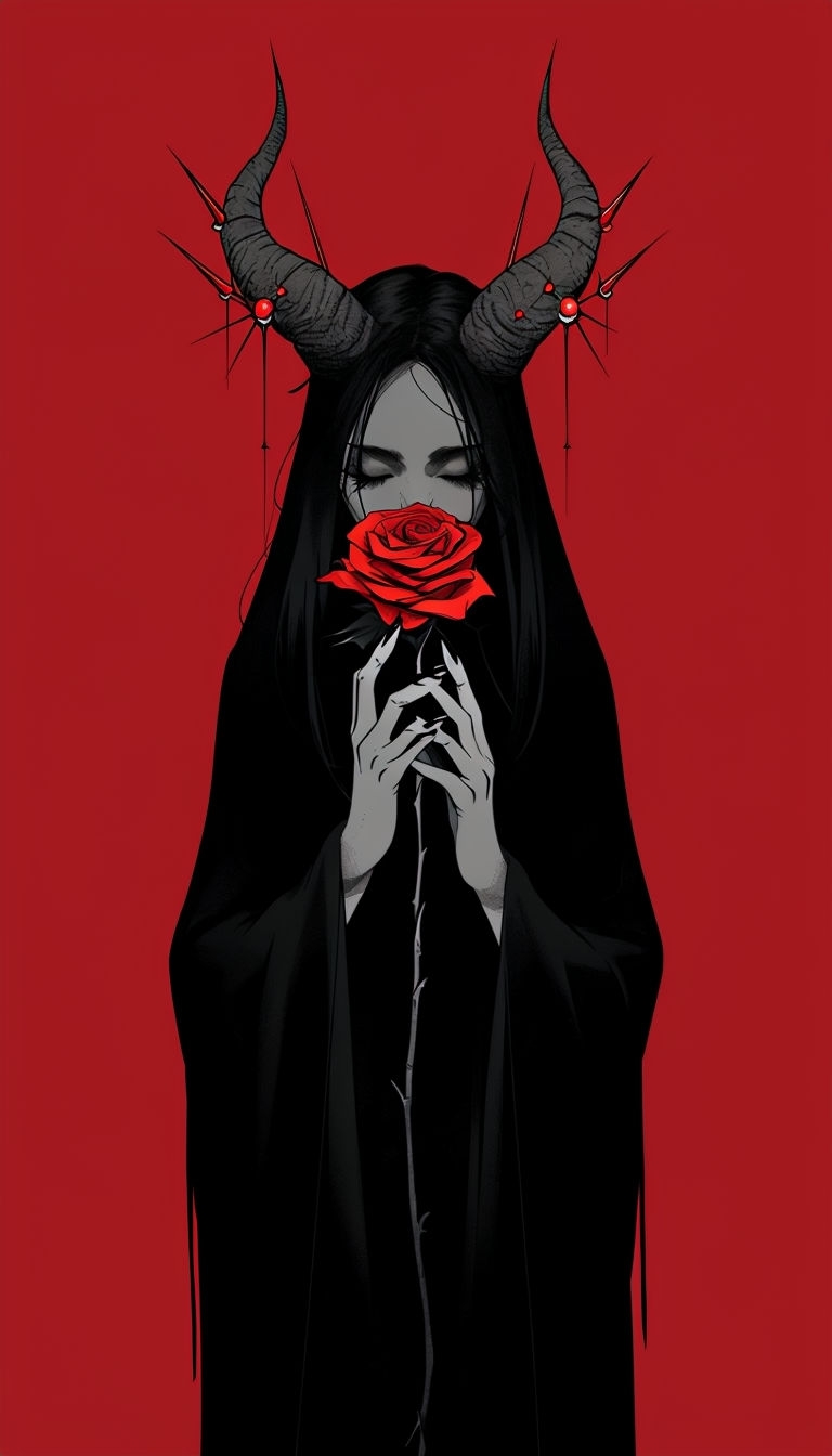 Mysterious Gothic Figure with Red Rose on Crimson Background Mobile Wallpaper