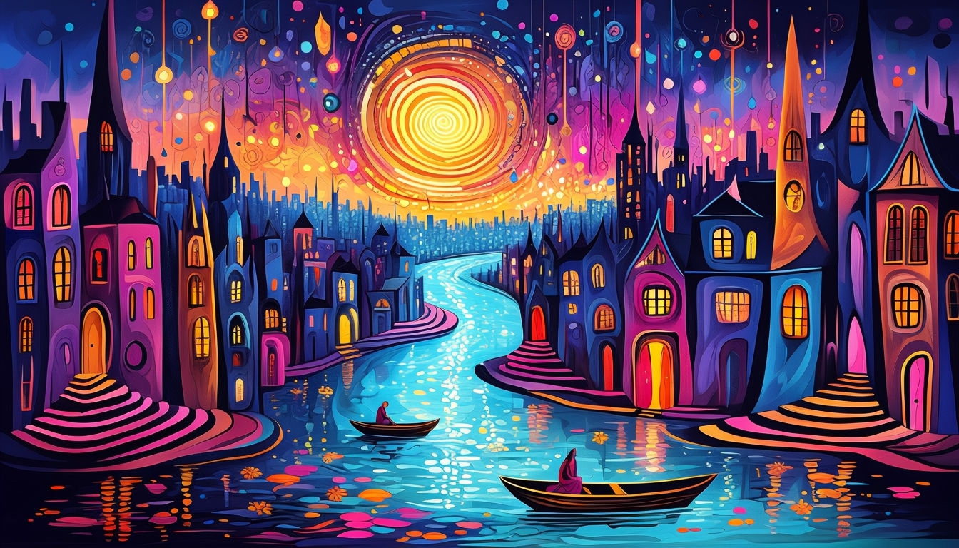 Whimsical Evening Cityscape with Vibrant Colors Virtual Backgrounds