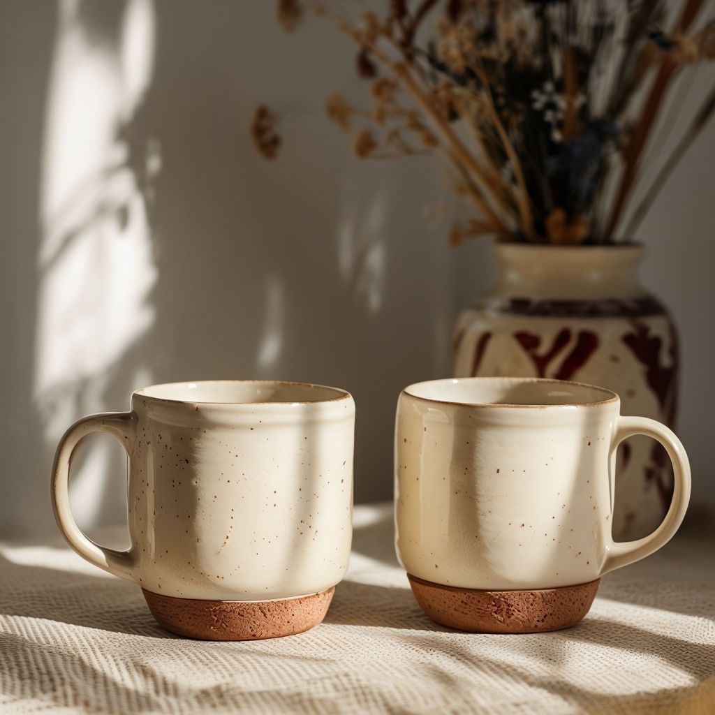 Minimalist Cream Ceramic Mugs Still Life Photograph Mockup