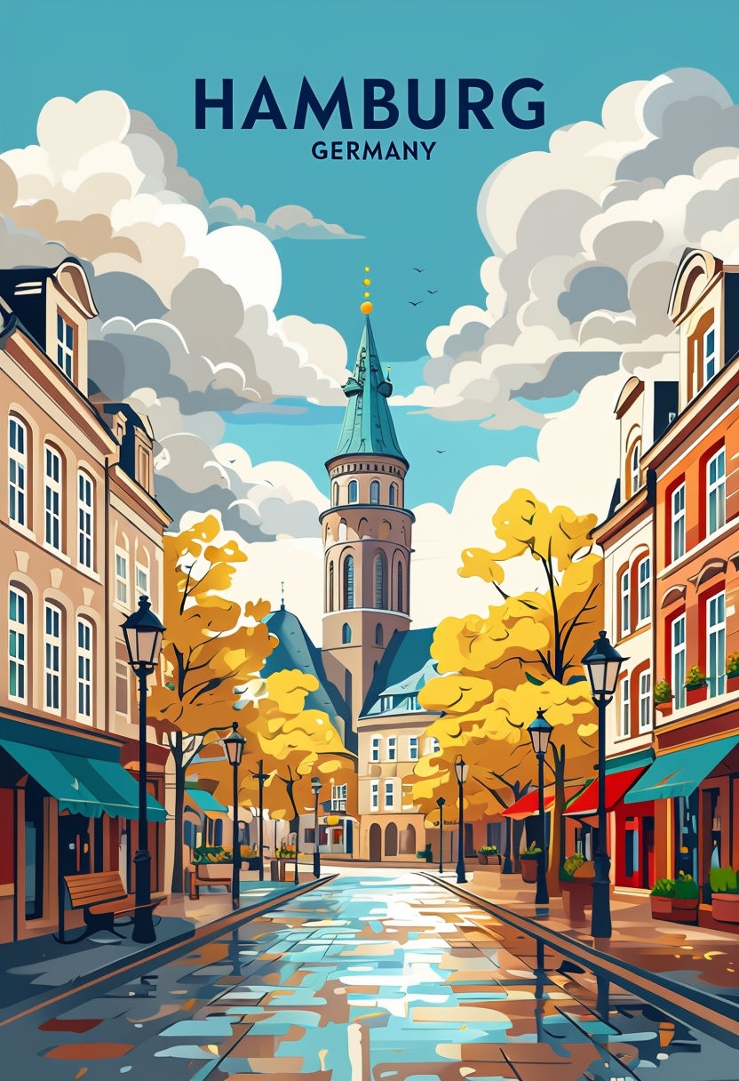 Vintage Hamburg Street Scene Travel Illustration Poster