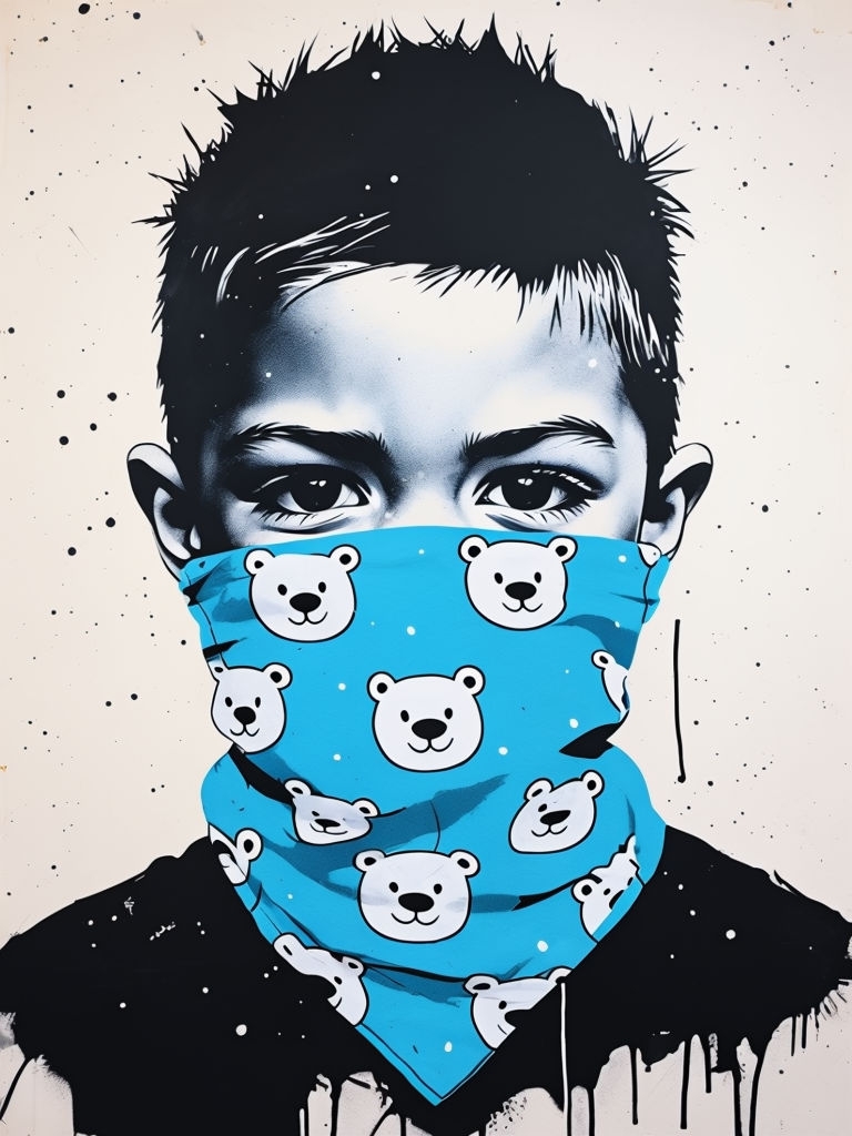 Vibrant Graffiti Boy with Cartoon Bear Bandana Art