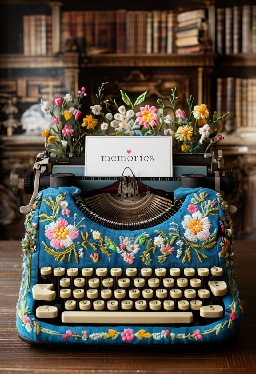 Ornate Vintage Typewriter with Floral Embroidery and "Memories" Art