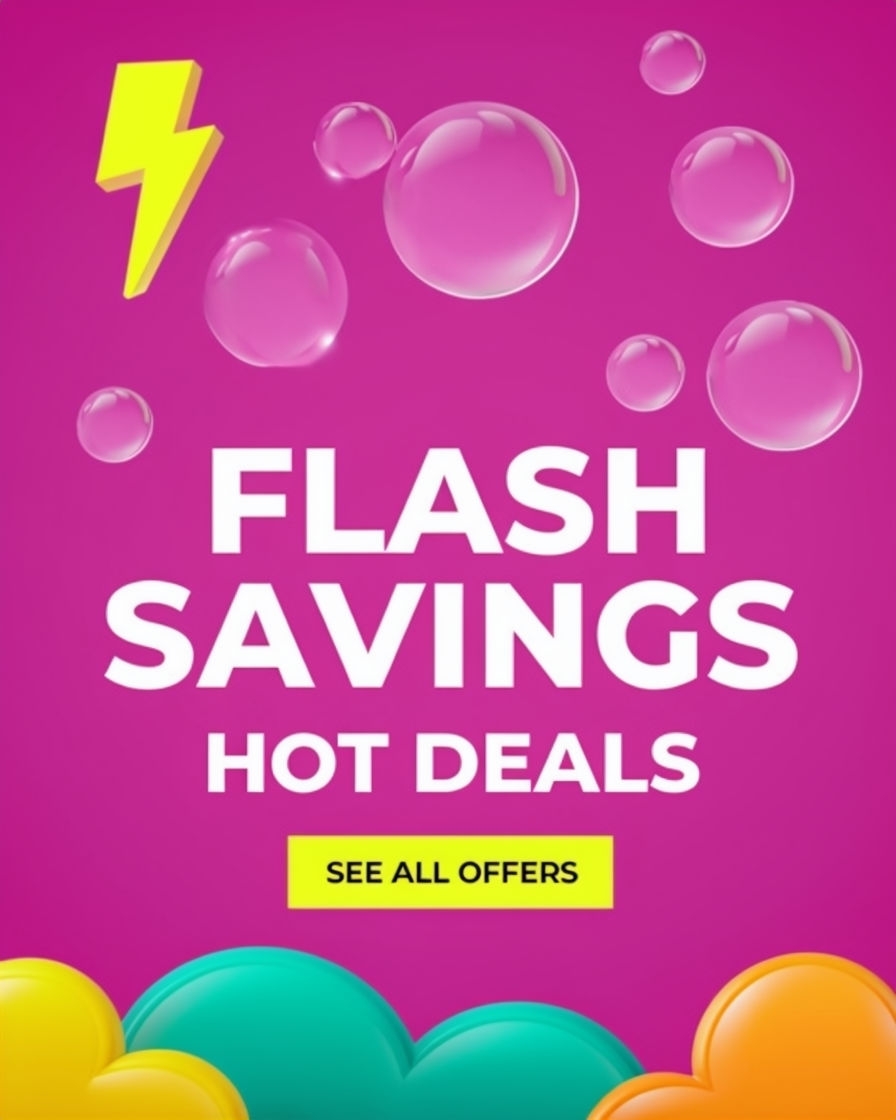 Vibrant Magenta Flash Savings Ad with Whimsical Cloud Design Ads