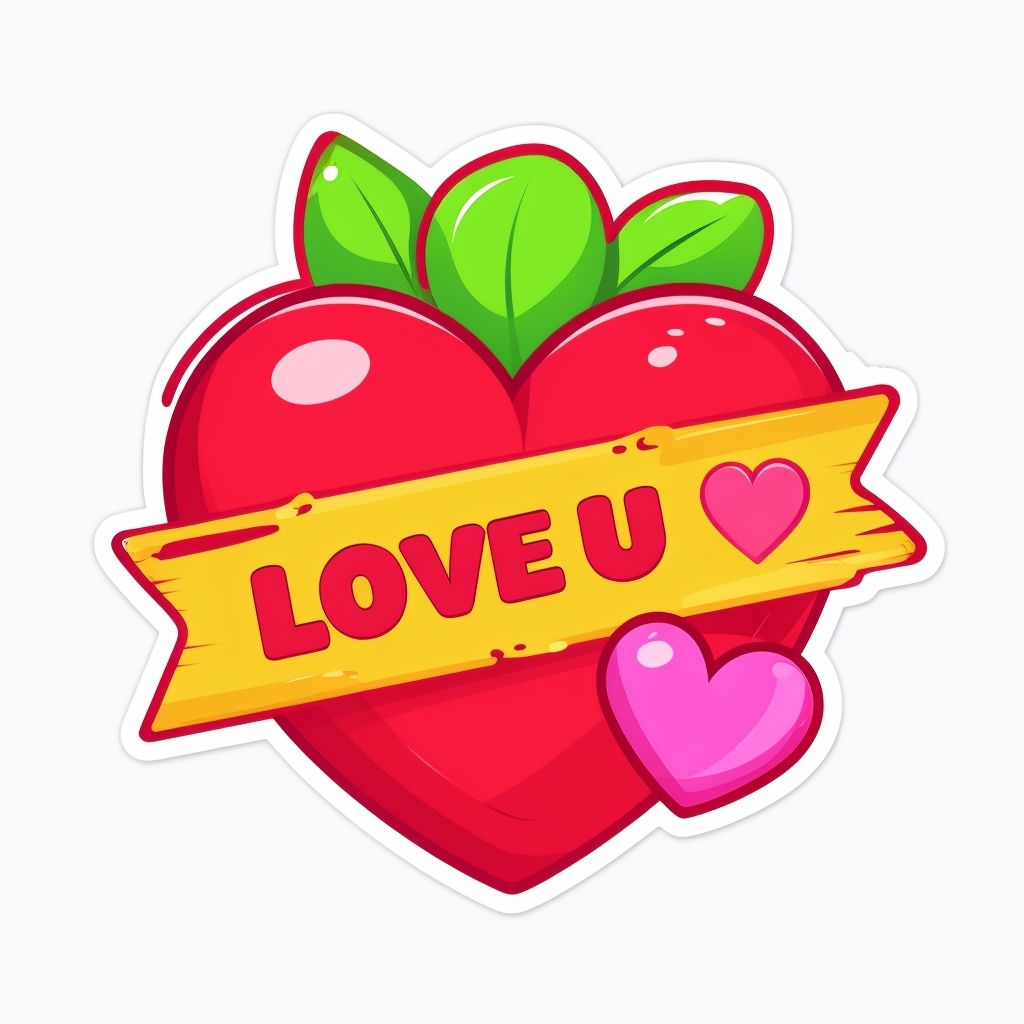 Vibrant Red Heart with Love U Banner Cartoon Sticker