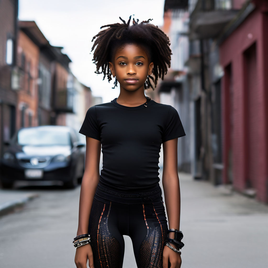 Black female. Dressed in a high-waisted mini skirt that accentuates her  slender figure