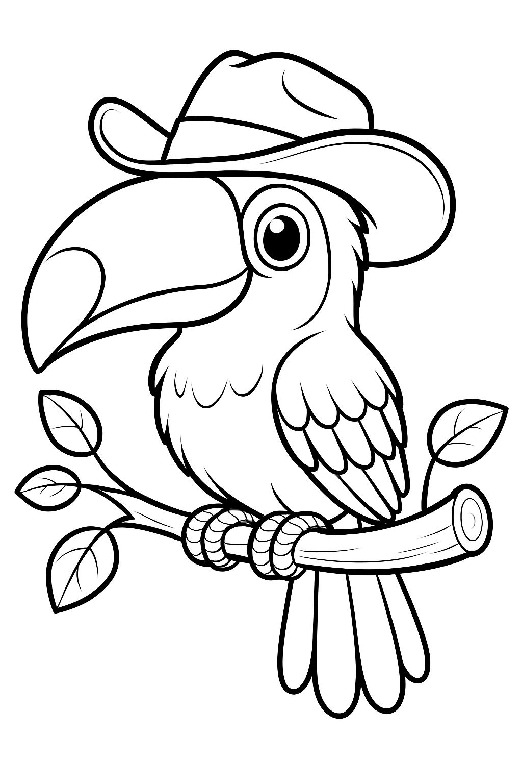 Cartoon Toucan with Cowboy Hat Line Drawing Coloring Book Pages