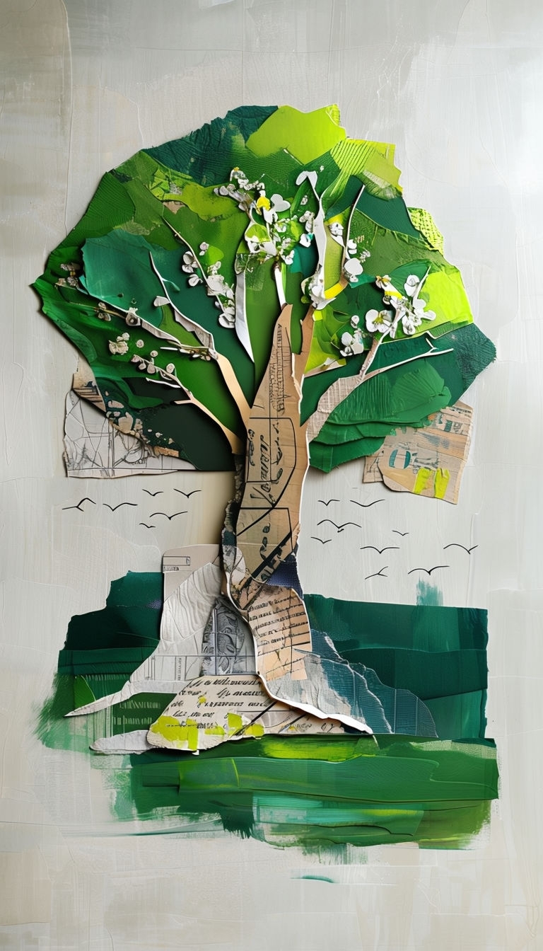 Symbolic Tree Collage Artwork with Textured Layers Mobile Wallpaper