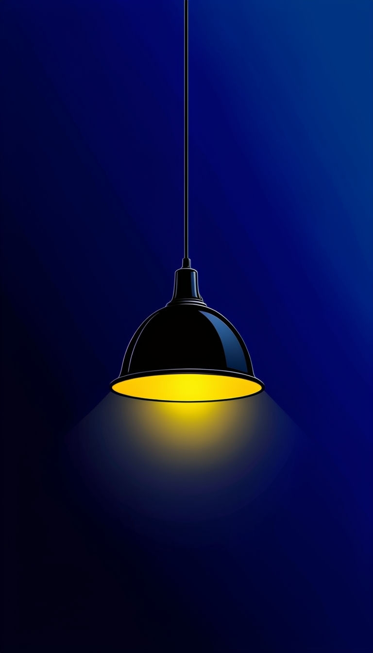 Sleek Black Pendant Lamp with Warm Glow on Blue Gradient Mobile Wallpaper