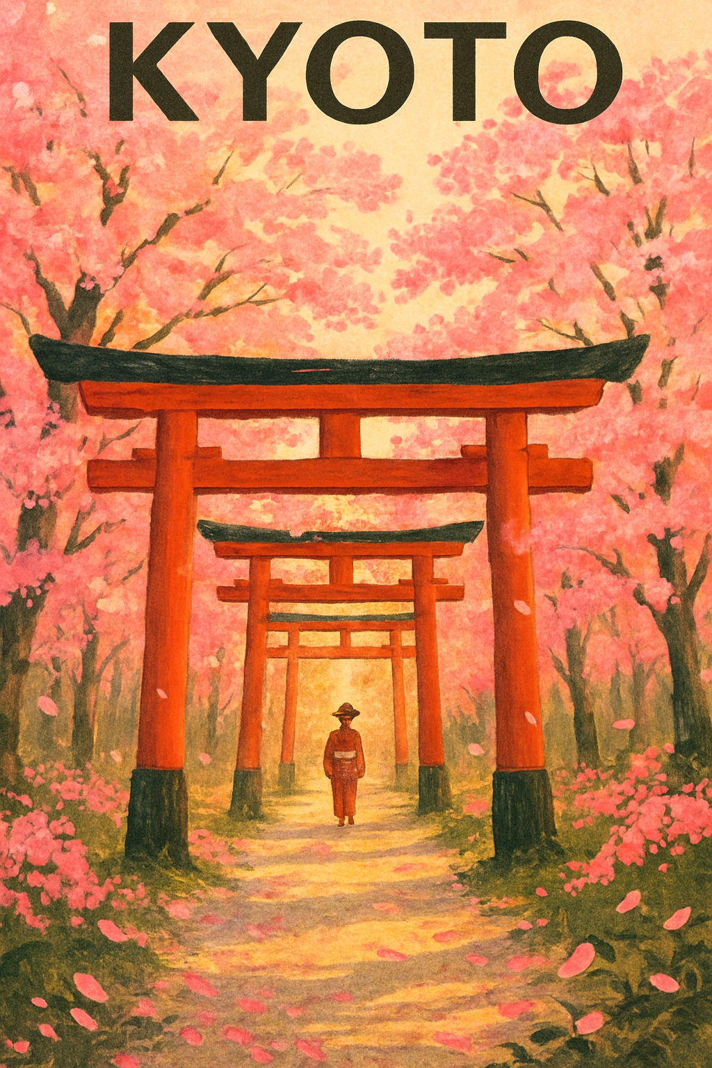 Serene Kyoto Torii Gates with Cherry Blossoms Digital Art Poster
