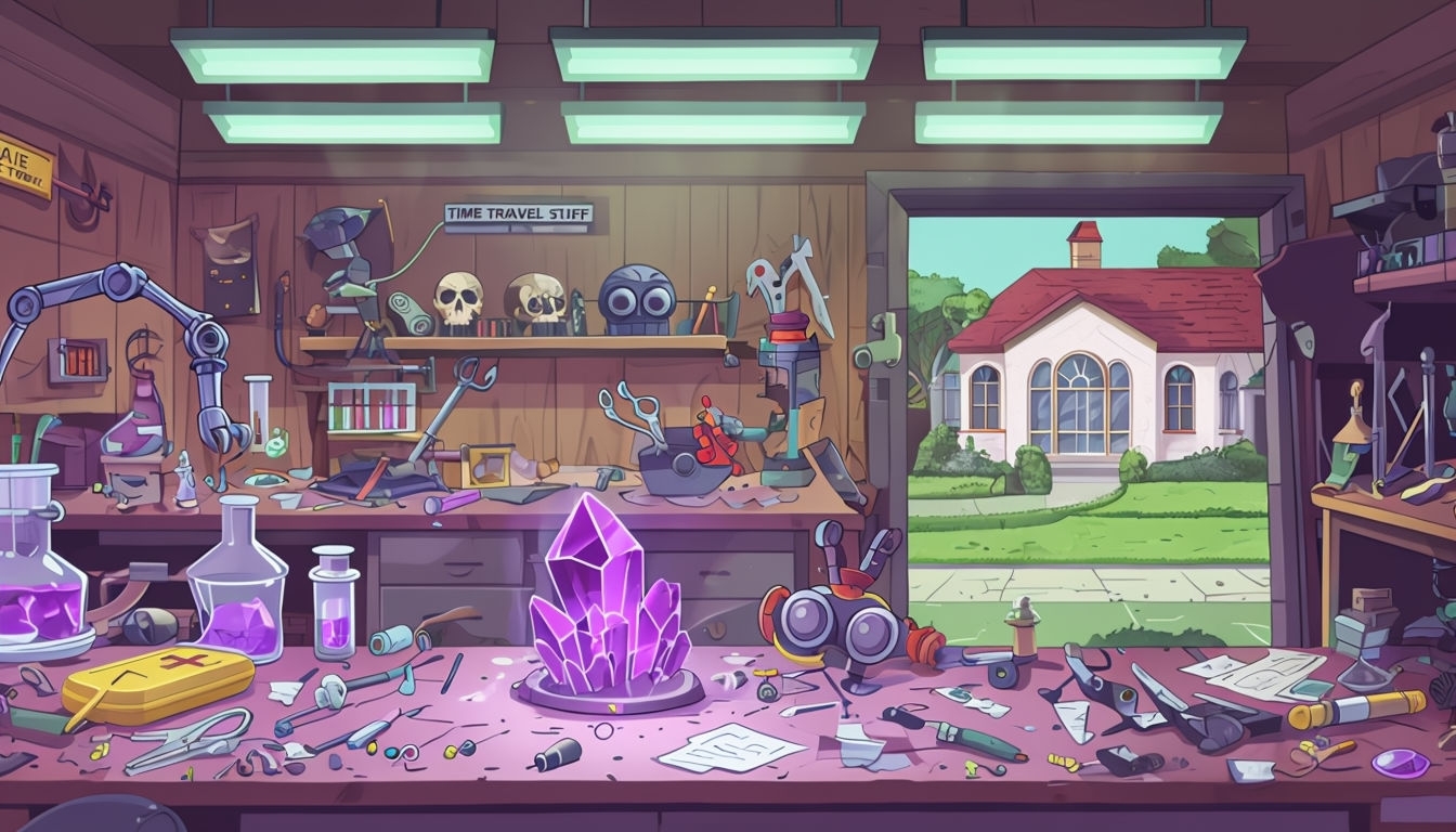 Cartoon Scientific Workshop with Purple Crystal and Robotic Arm Art