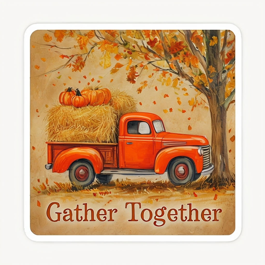 Vintage Red Truck Harvest Sticker with Pumpkins and Autumn Leaves