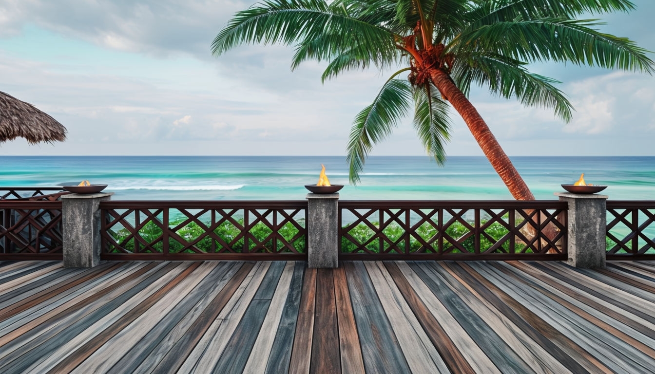 Serene Tropical Ocean View Wooden Deck Virtual Background