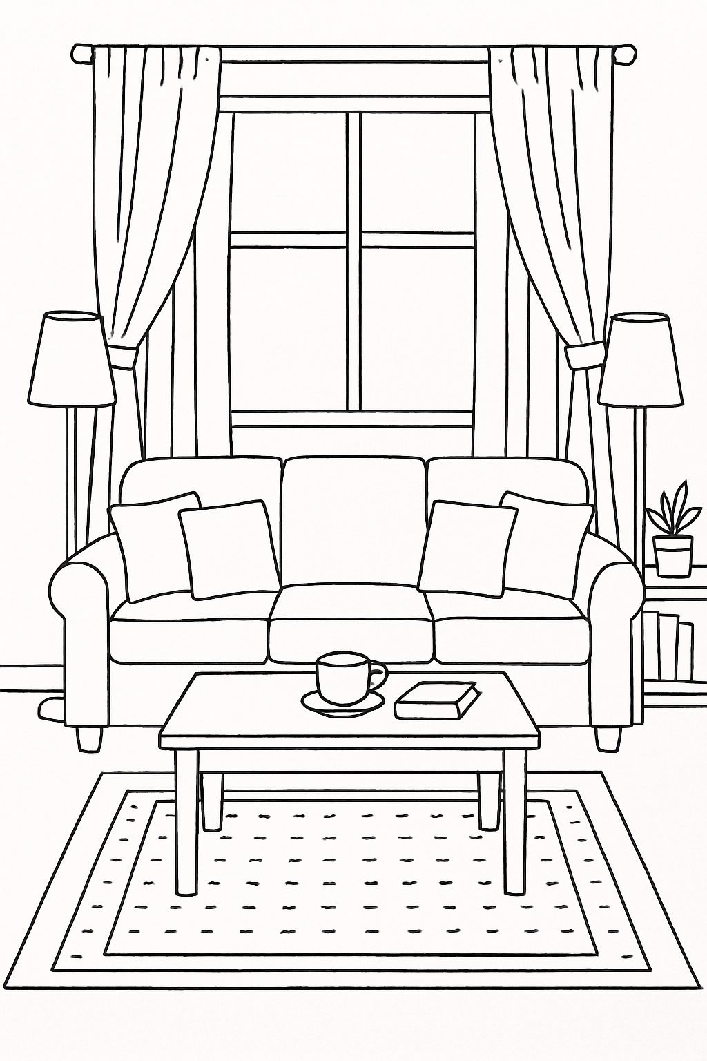 Cozy Living Room Scene Black and White Line Drawing for Coloring Book Pages