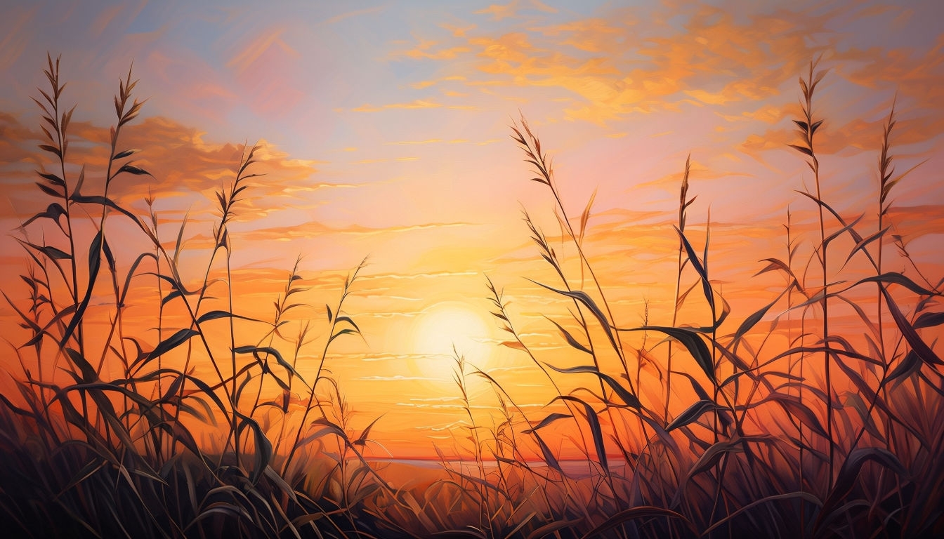 Serene Sunset Landscape Painting with Grasses Virtual Background
