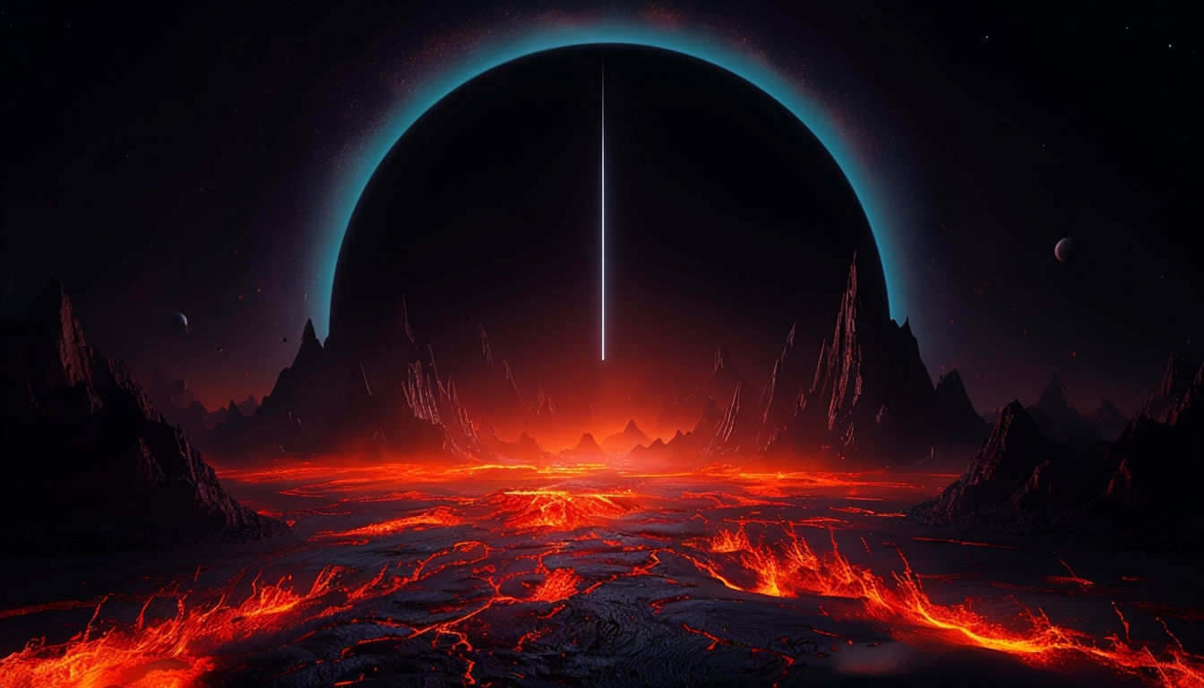 Dramatic Otherworldly Lava Landscape with Cosmic Elements Background