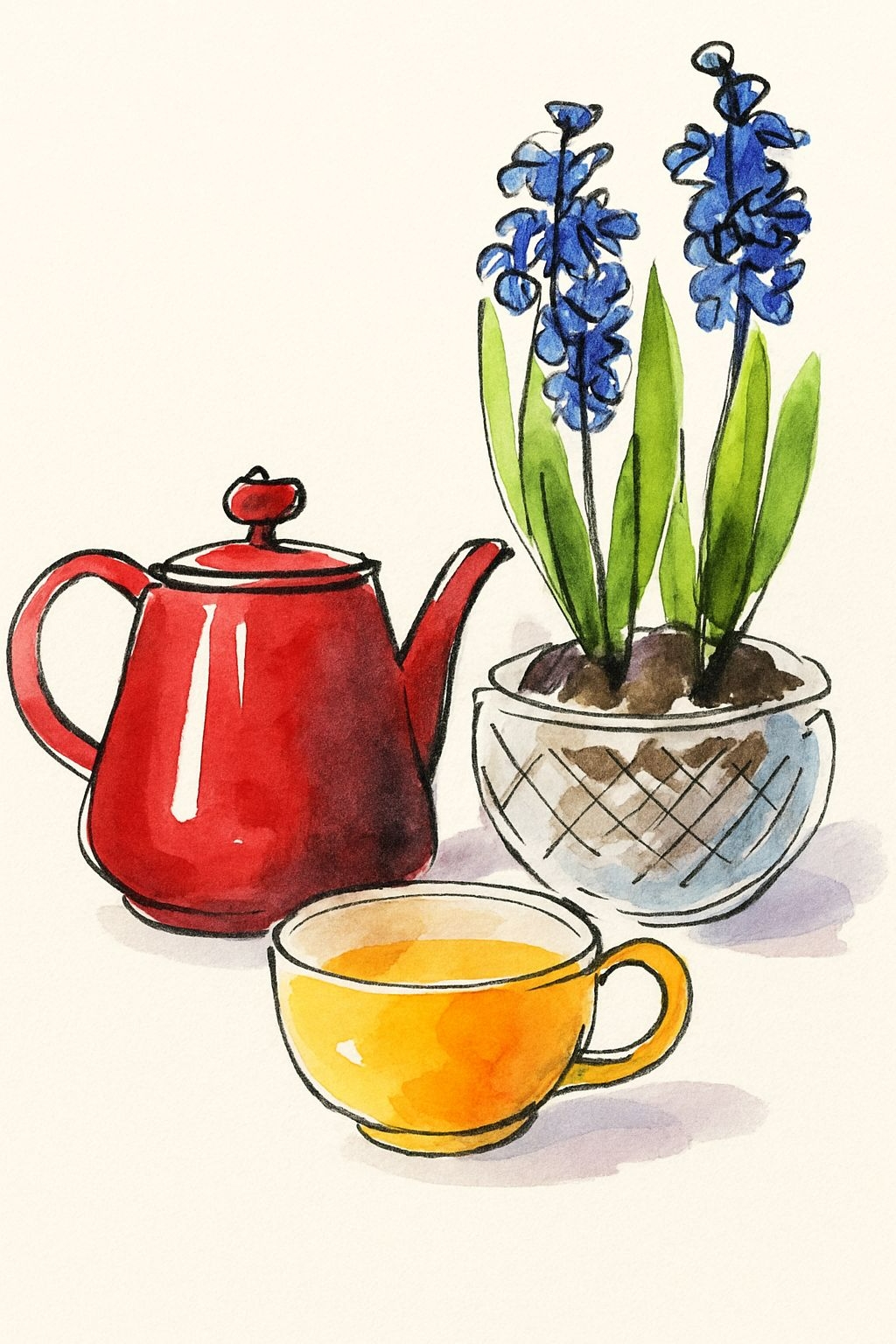 Vibrant Watercolor Teapot and Hyacinth Still Life T-Shirt