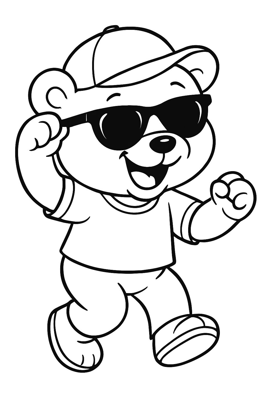 Cheerful Cartoon Bear Character in Sunglasses Coloring Page