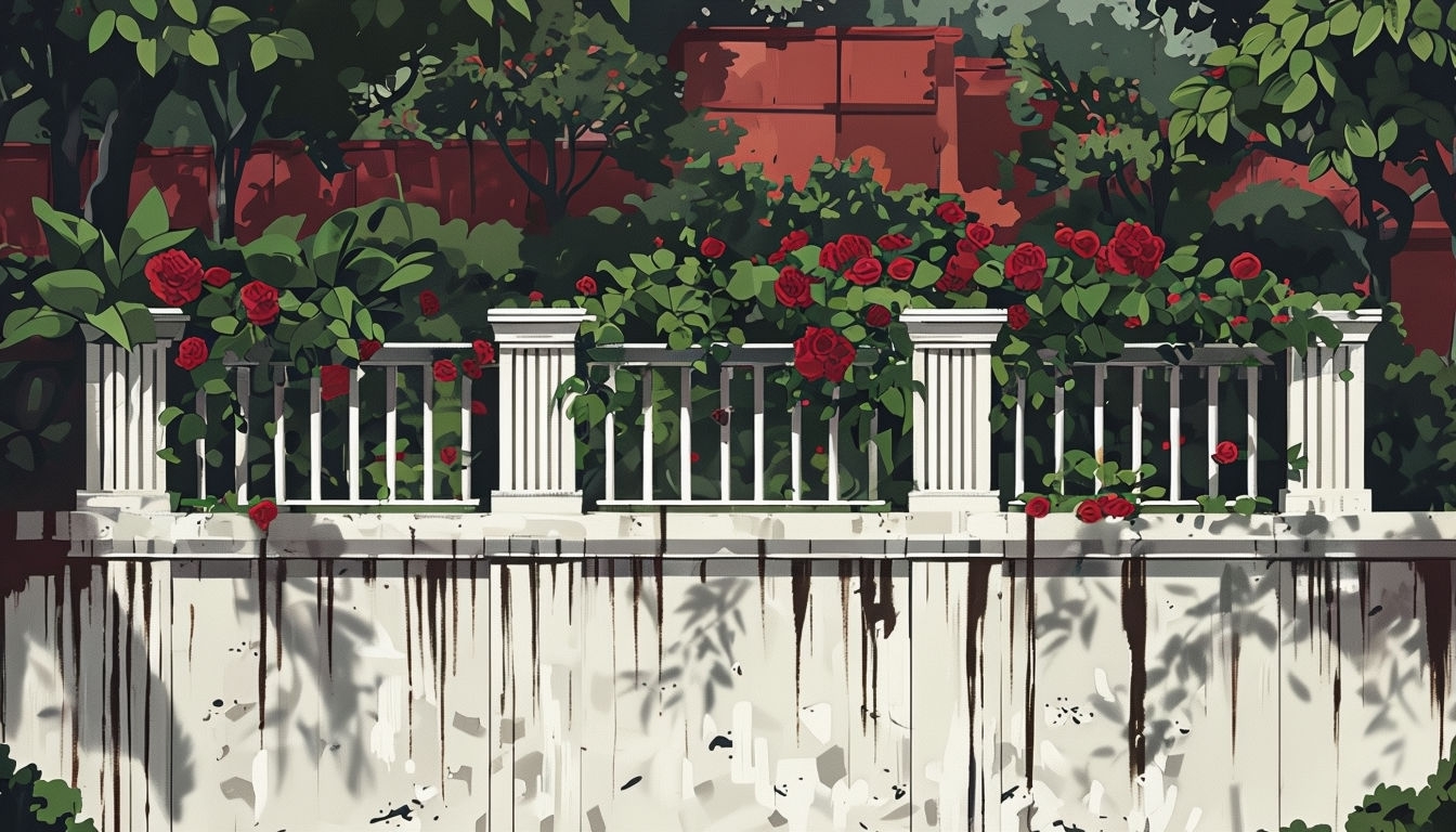 Tranquil Outdoor Scene with Classical Columns and Lush Foliage Art