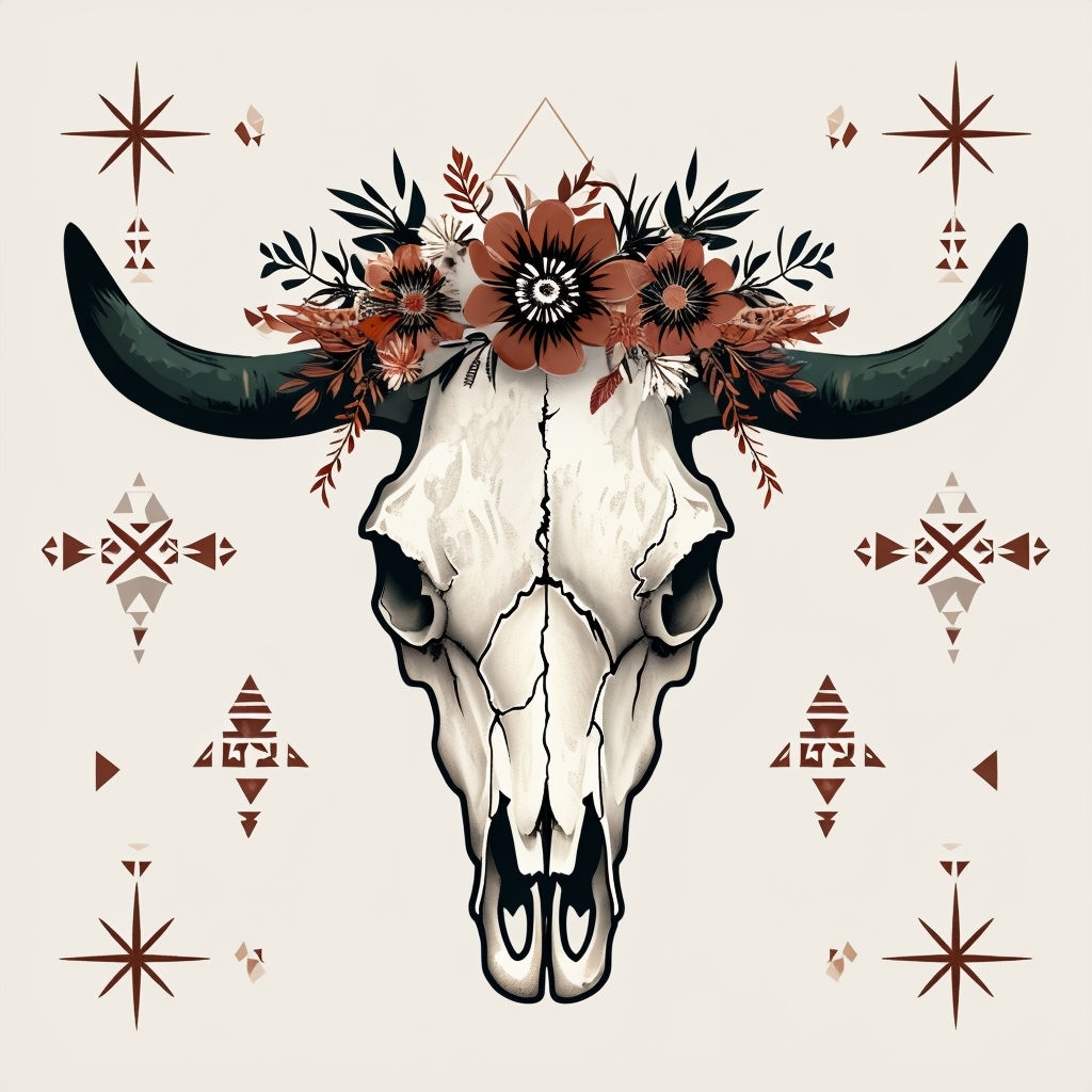 Rustic Cow Skull with Floral Accents Seamless Pattern