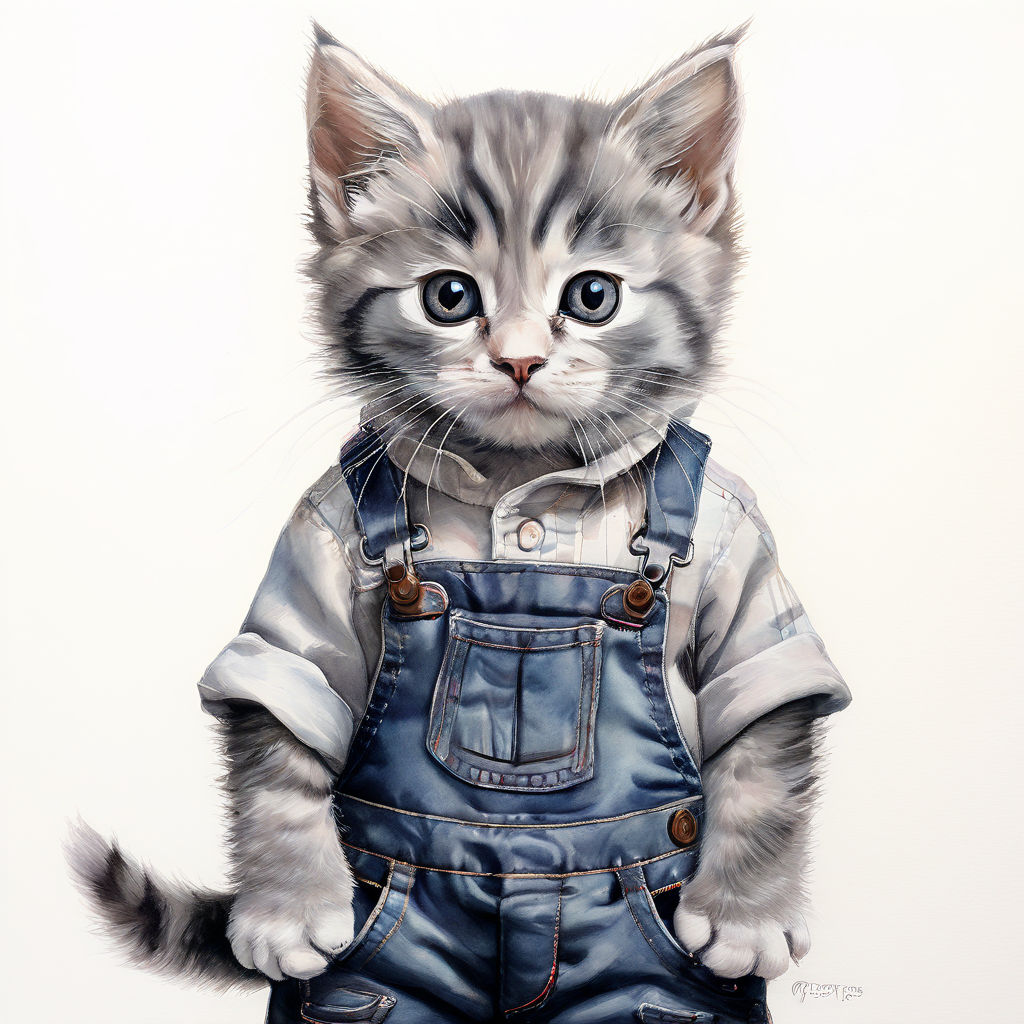 Small Gray And White Kitten Standing With Dungarees By Monika 