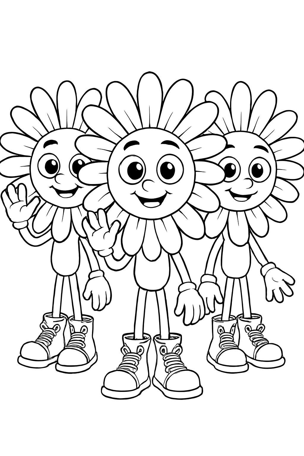 Cheerful Anthromorphic Flower Characters Coloring Page