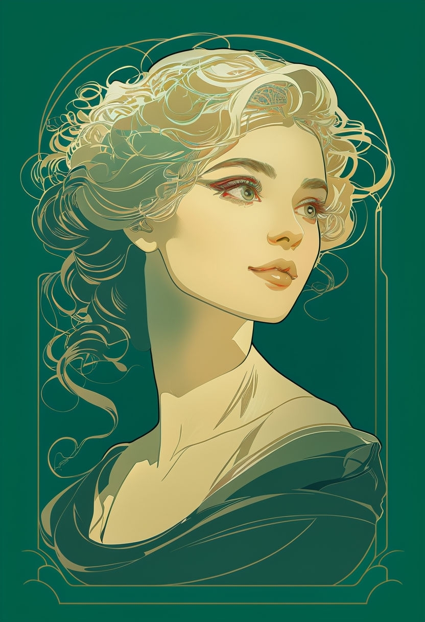 Elegant Art Nouveau Woman Illustration in Emerald Green Background Art