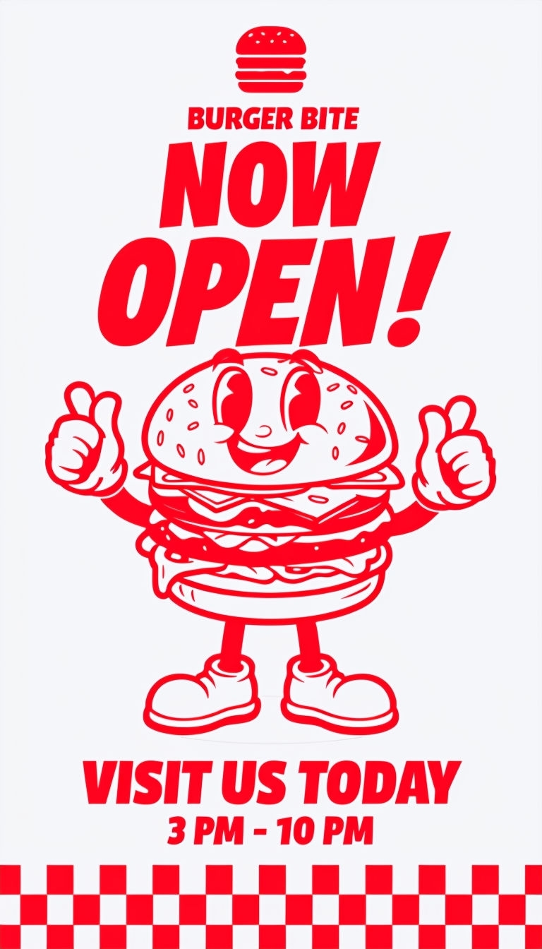 Cheerful Cartoon Burger Bite Promotional Poster Design Ads