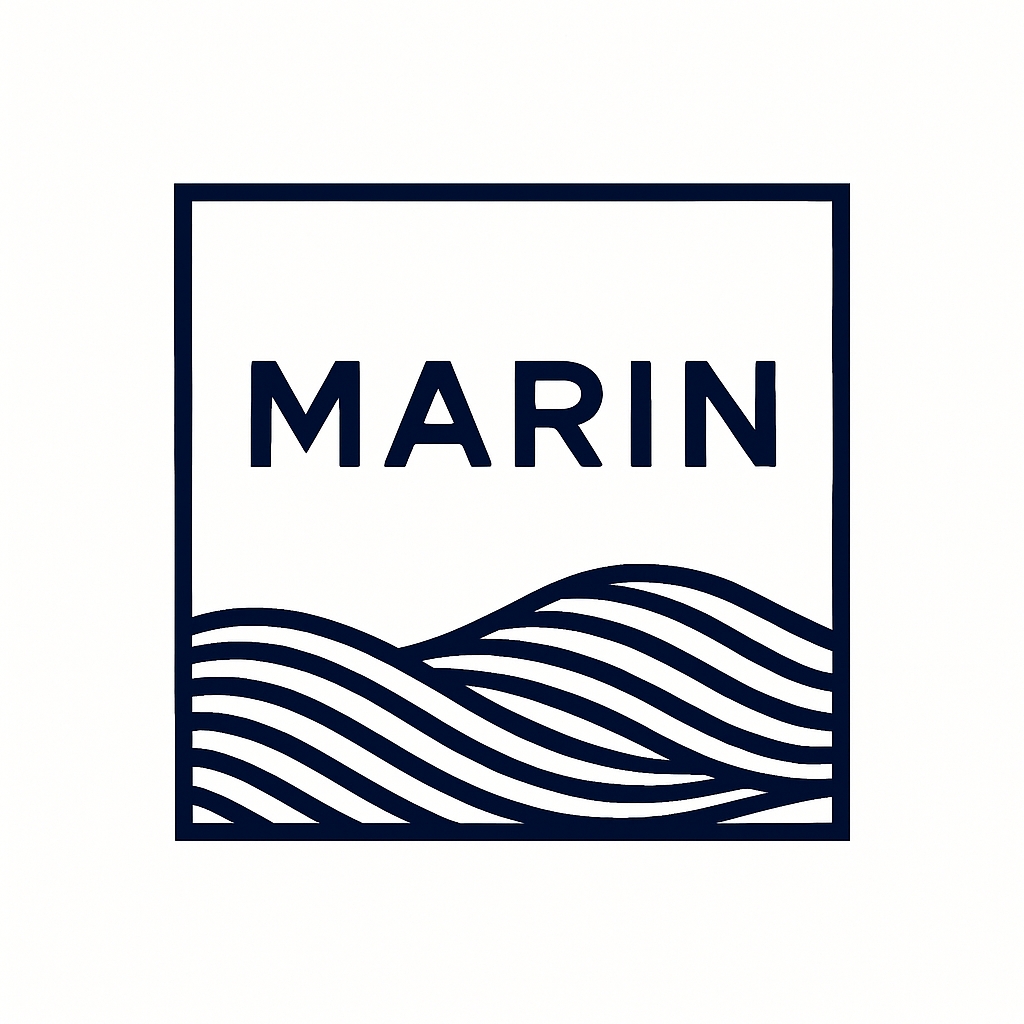 Minimalist Navy Blue MARIN Logo with Stylized Waves