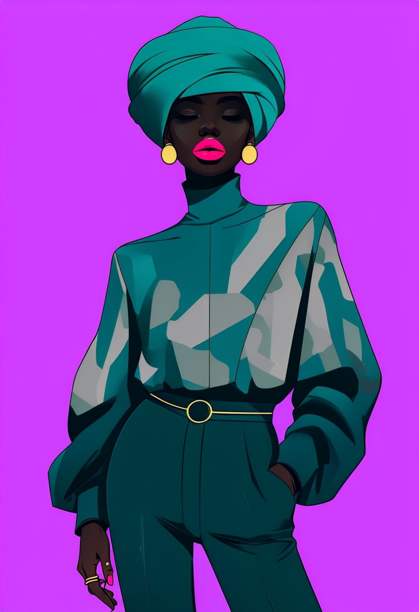 Enigmatic Figure in Teal Turban and Bold Geometric Fashion Art