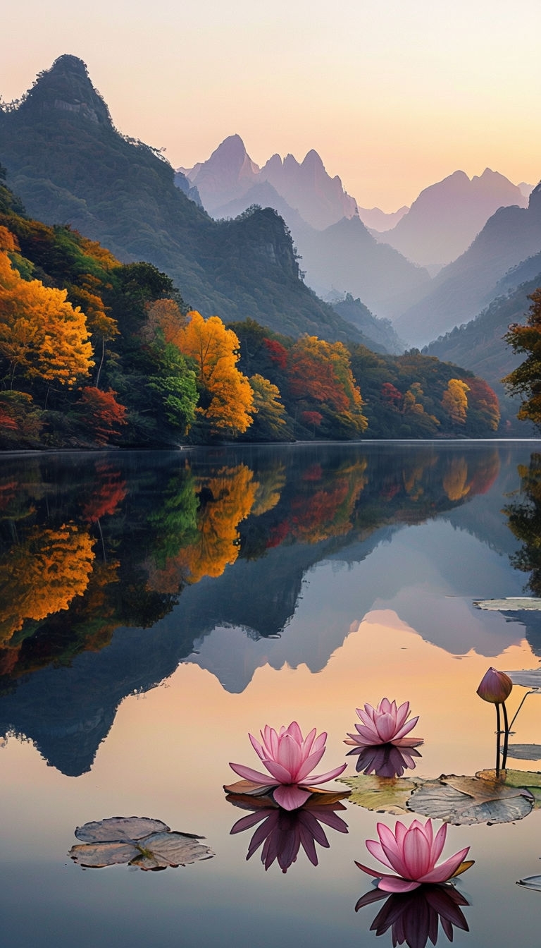 Tranquil Autumn Sunset Landscape with Floating Lotus Flowers Mobile Wallpaper