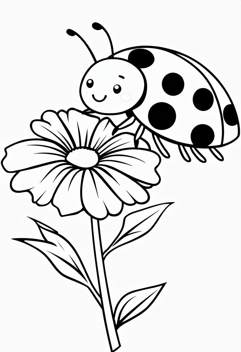 Smiling Ladybug Crawling Up Flower Stem Coloring Book Page