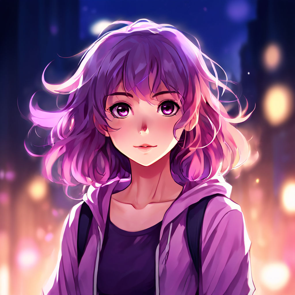 a pink-haired anime girl which is wearing a purple hoodie and headphones