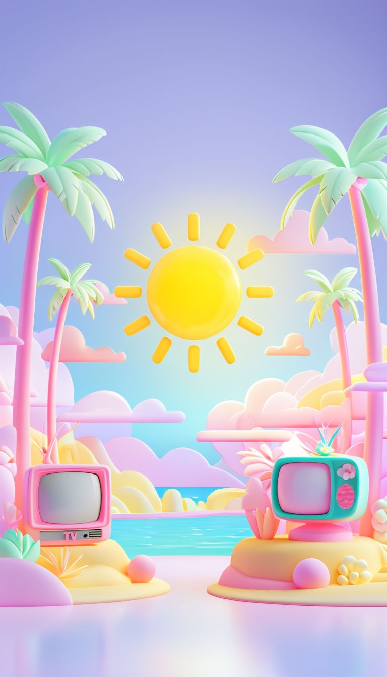 Whimsical Pastel Fantasy Landscape with Palm Trees Mobile Wallpaper