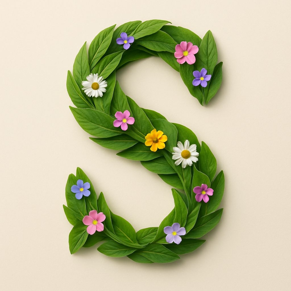 Vibrant Green Botanical Letter S Monogram with Colorful Flowers Monogram