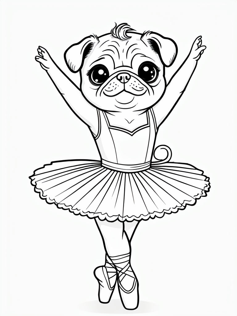 Adorable Pug Ballet Dancer Outline Drawing for Kids Coloring Book Pages