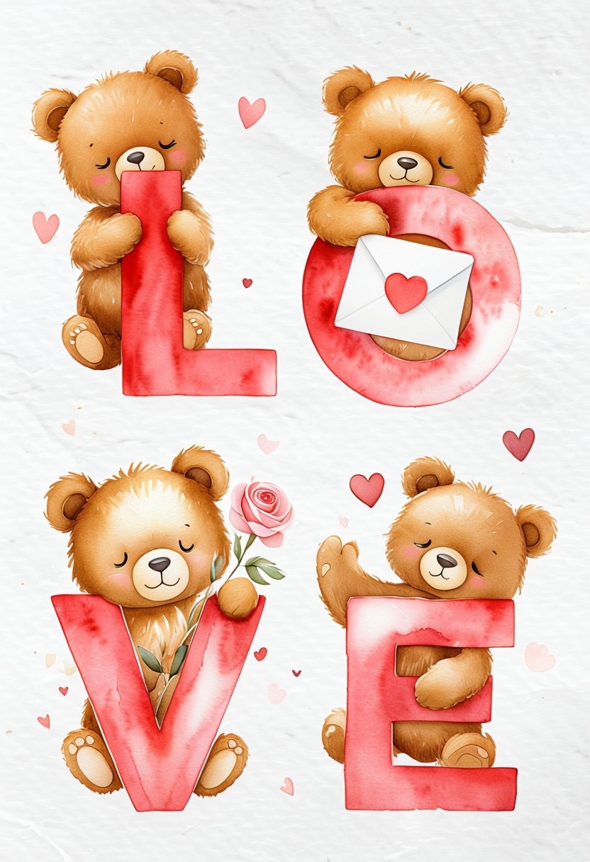 Whimsical Teddy Bears with Love Letters Watercolor Art Card