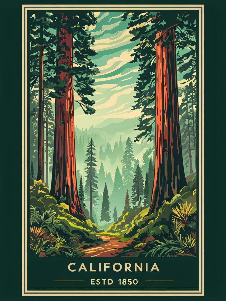 Vintage California Redwood Forest Travel Poster Illustration