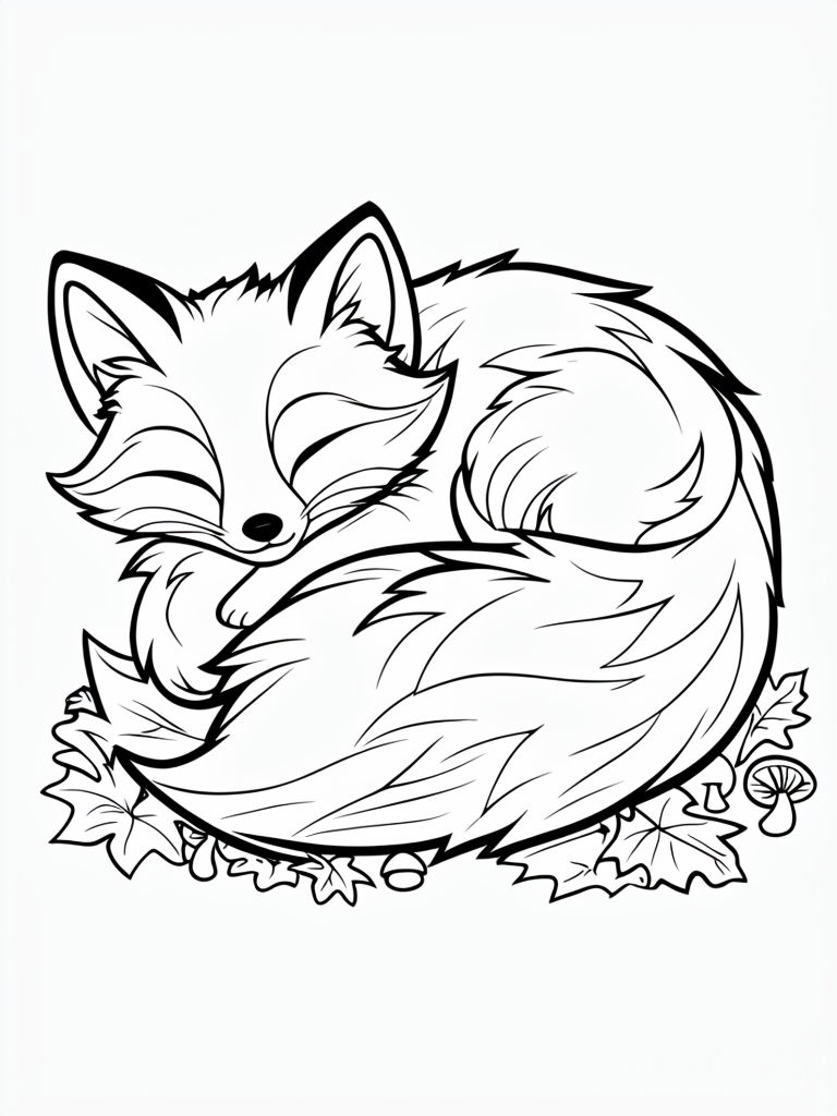 Cute Stylized Sleeping Fox Line Art for Coloring Book Pages