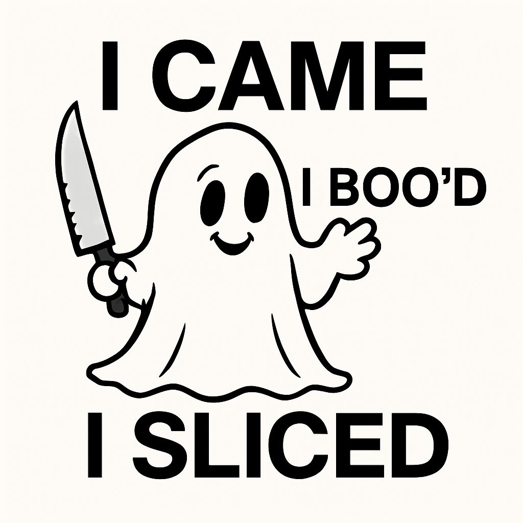 Playful Cartoon Ghost With Butcher Knife and Funny Text Sticker