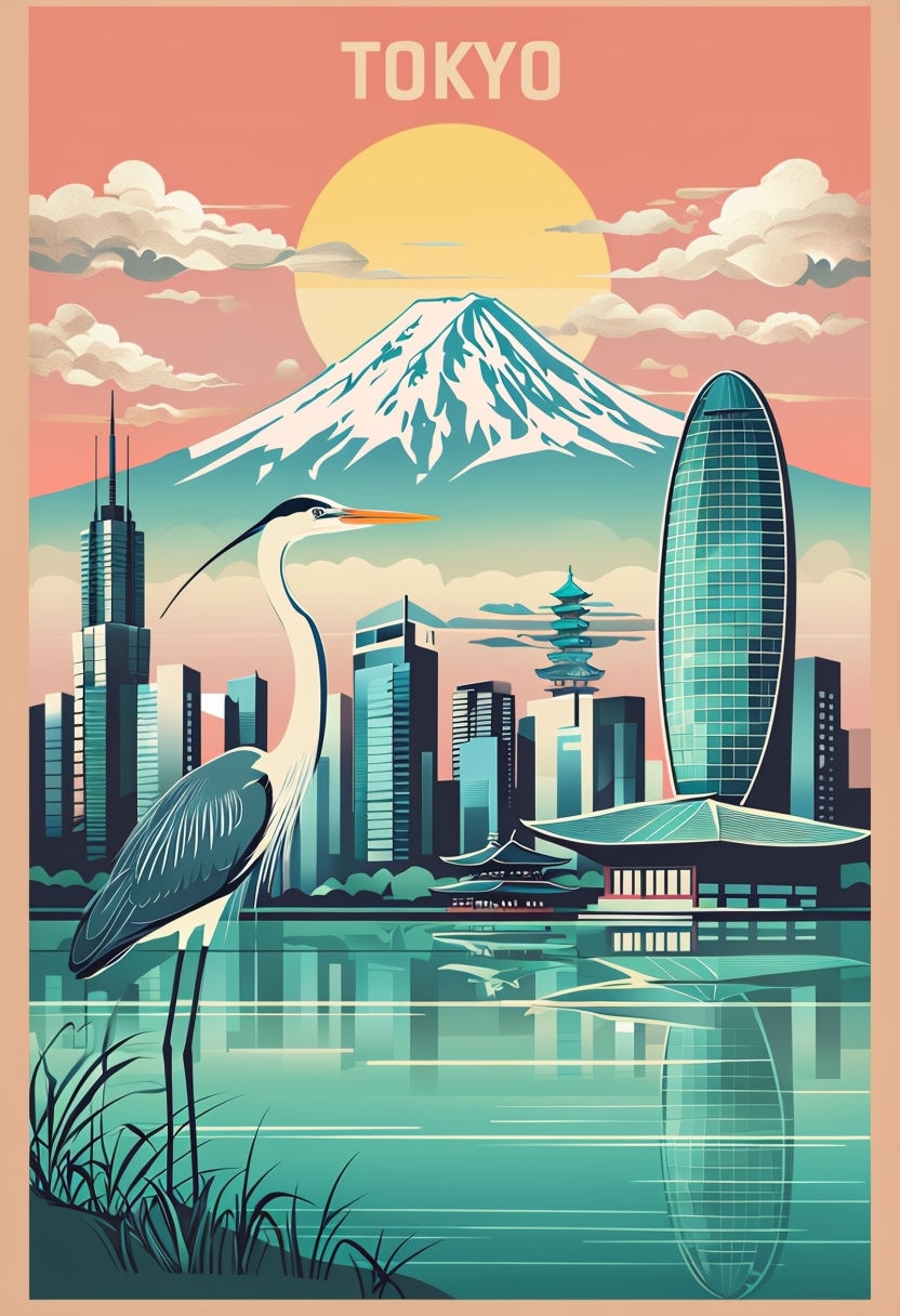 Stylized Retro Tokyo Illustration with Heron and Mount Fuji Poster