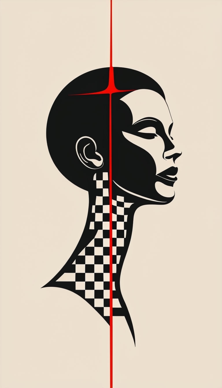 Bold Black and White Figurative Form with Vibrant Red Accent Art