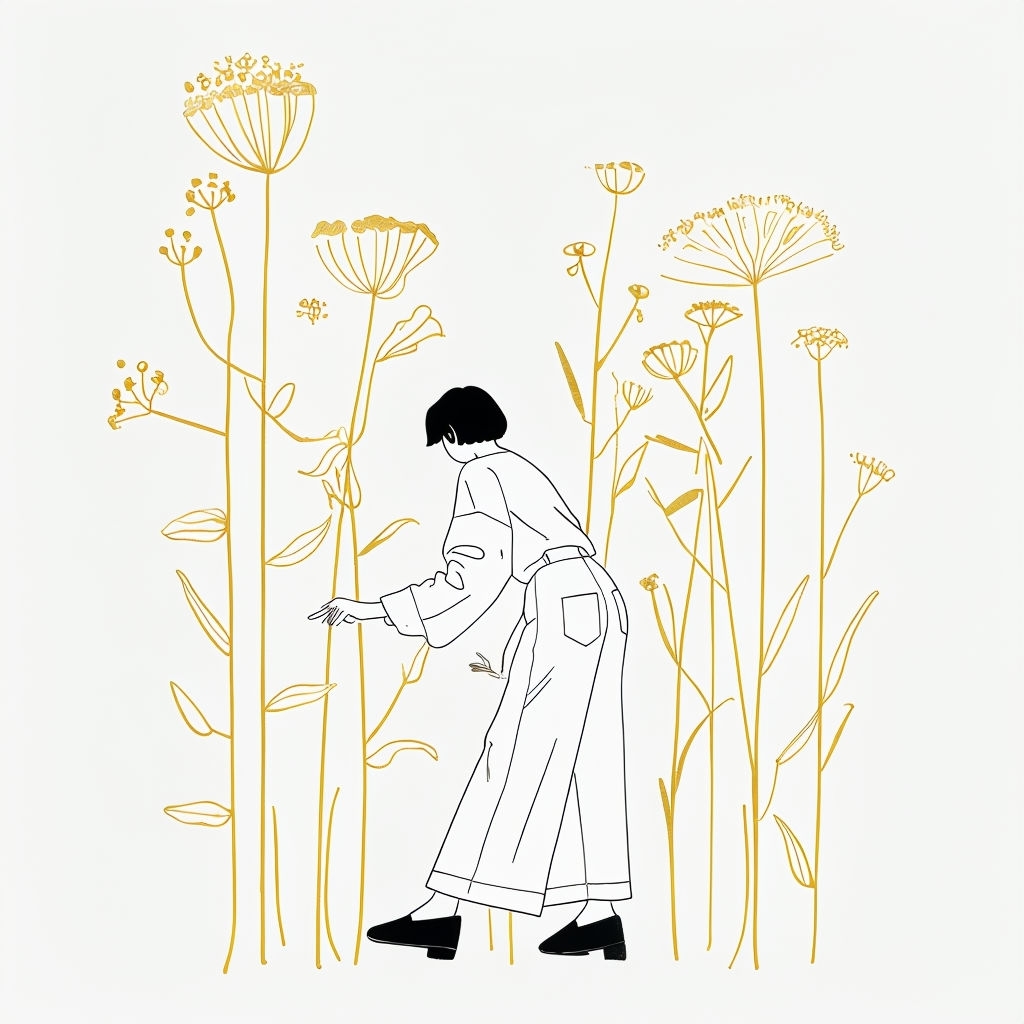 Minimalist Human Figure with Yellow Plants Line Art Poster