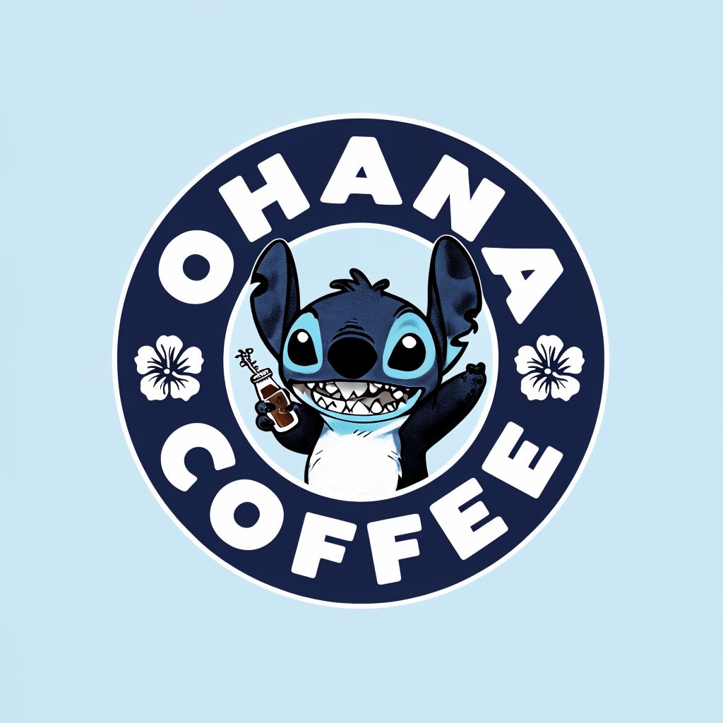 Playful OHANA COFFEE Logo with Cheerful Stitch Character Mug
