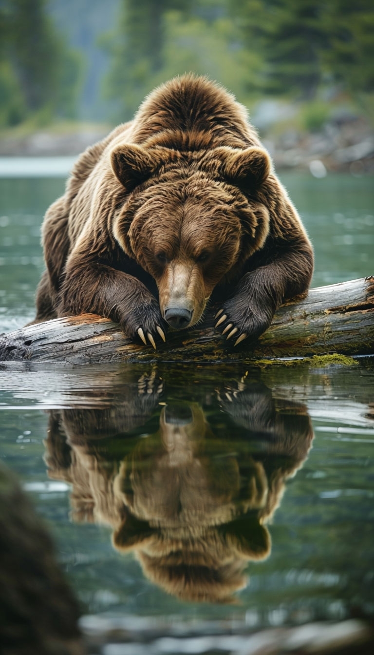 Tranquil Brown Bear Resting by Water Reflection Mobile Wallpaper