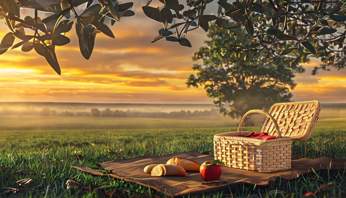 Serene Sunset Picnic Scene with Vibrant Landscape Backgrounds